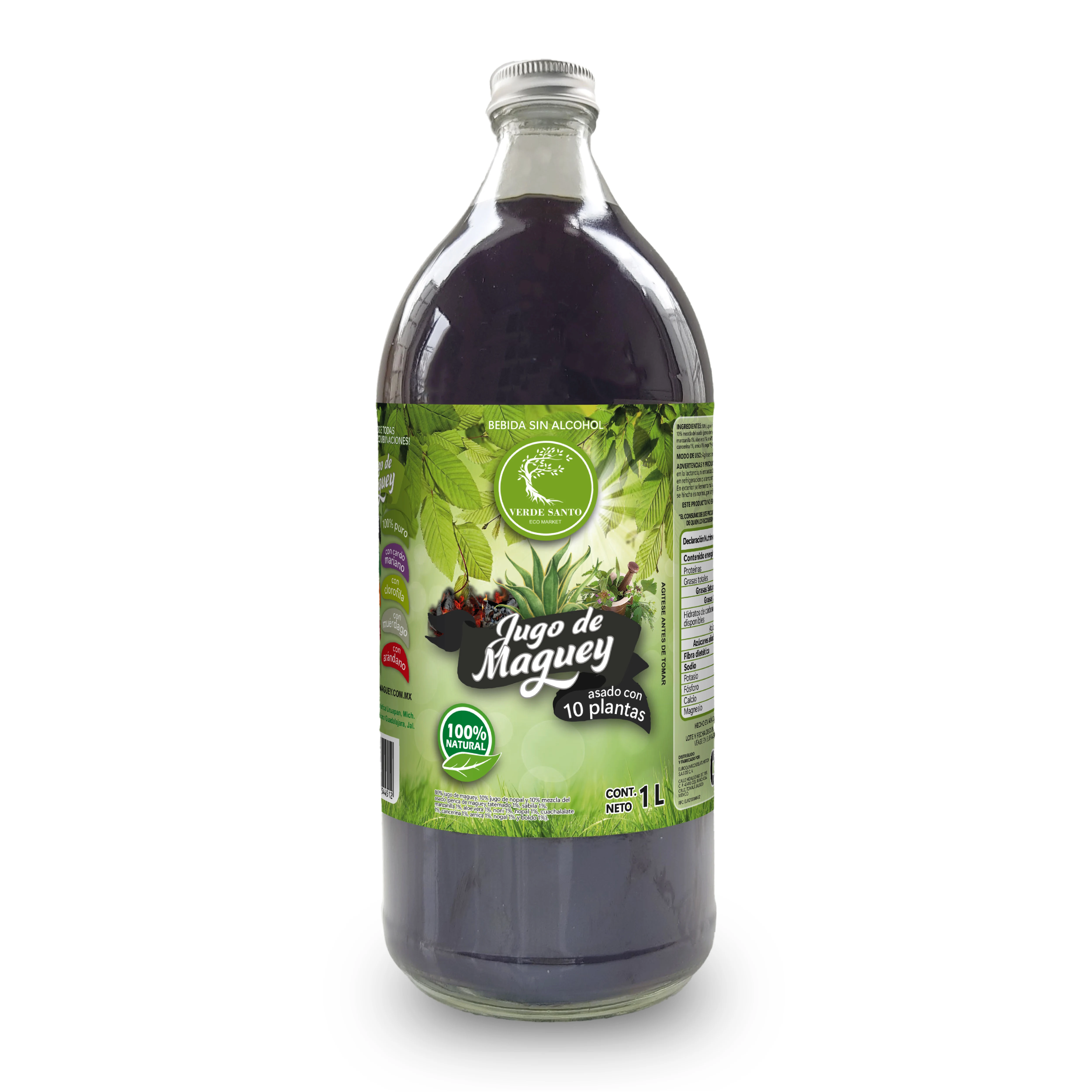 Jugo de Maguey Asado con 10 Plantas | Botella de Vidrio 1L | Verde Santo | 100% Natural