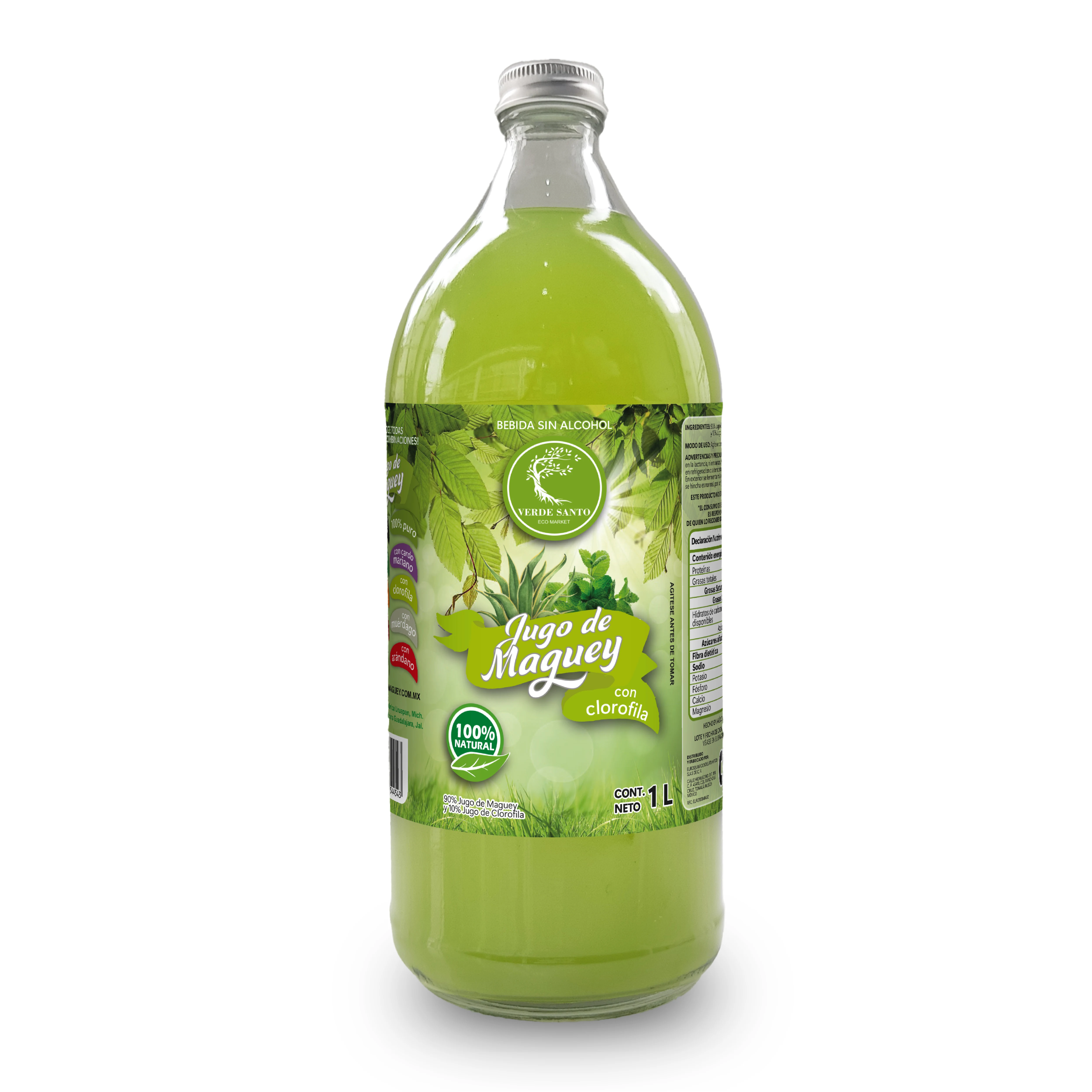 Jugo de Maguey con Clorofila | 100% Natural | Presentación de Vidrio de 1L | Verde Santo