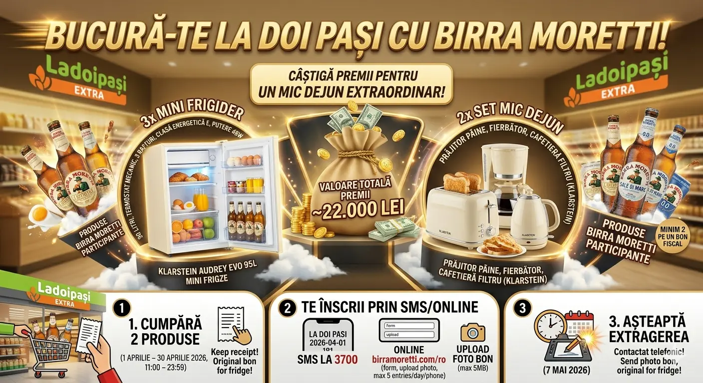 Concurs – Achiziționezi două Birra Moretti de la La doi pasi – Câștigă premii până pe 30 apr...