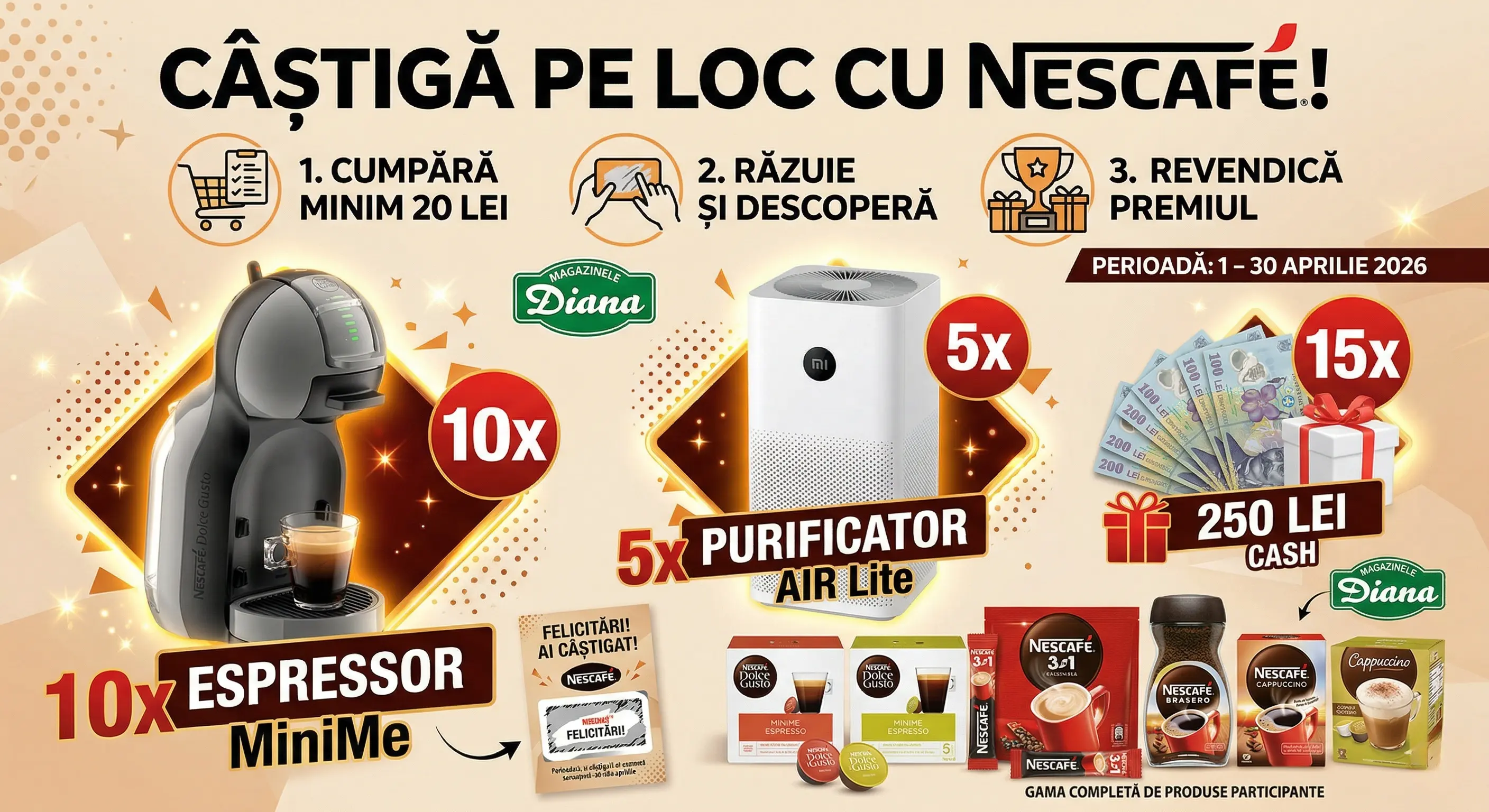 Concurs – NESCAFE de min. 20 lei de la DIANA – Câștigă premii până pe 30 aprilie 2026 - Conc...