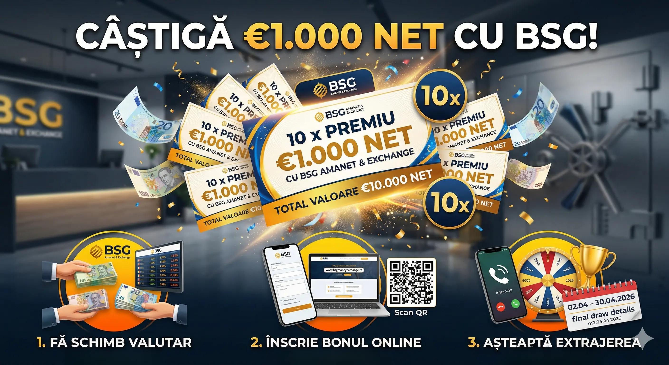 💶 Schimbă valută și câștigă 1.000 EURO cu BSG Amanet! ✨ - Concurs Gratuit | Concursier