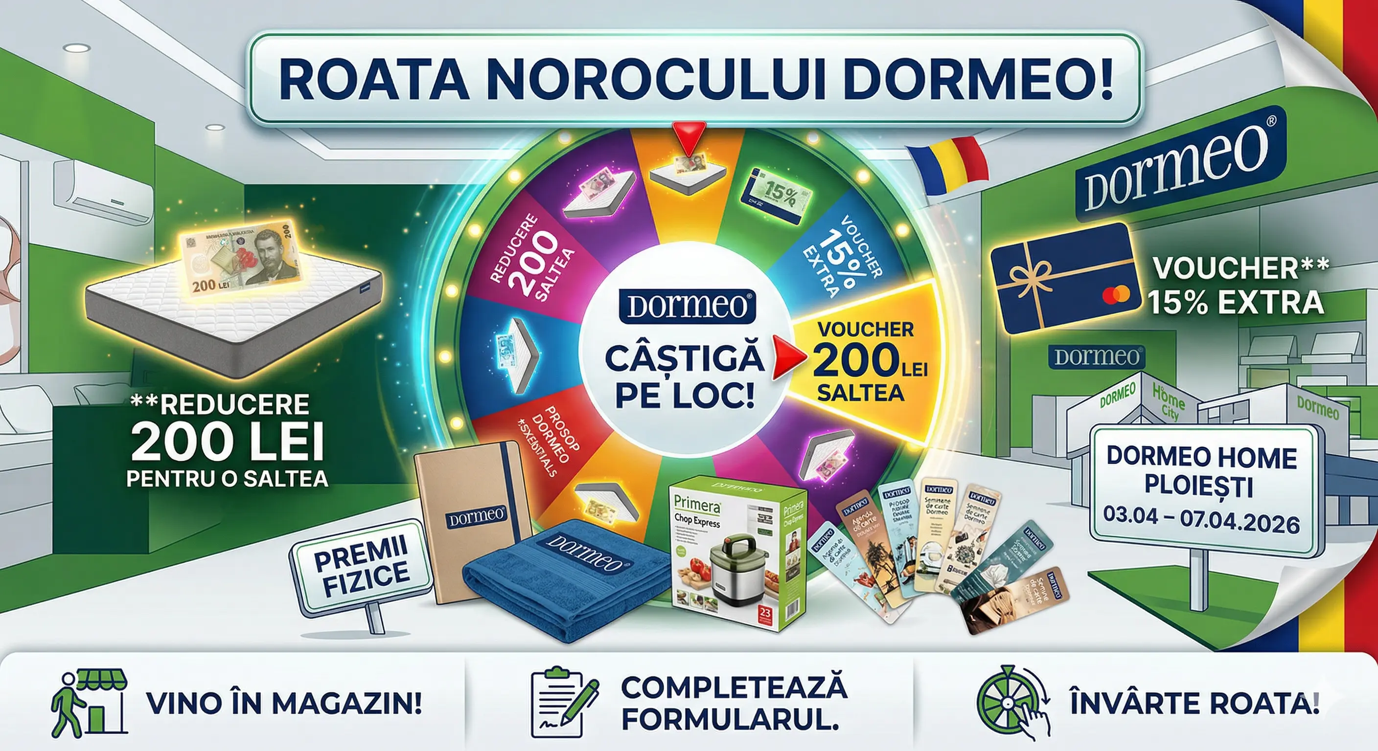 🎡 Învârte Roata Norocului la Dormeo Ploiești! ✨