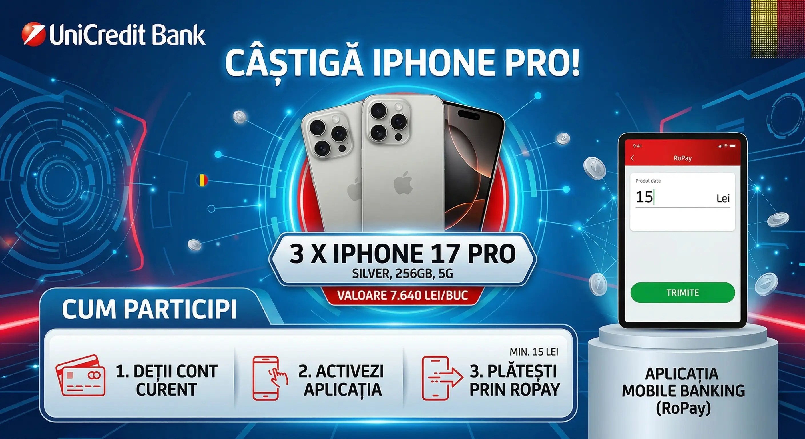Concurs UniCredit: Fă o plată RoPay și câștigă iPhone 17 (până pe 11 Iun)