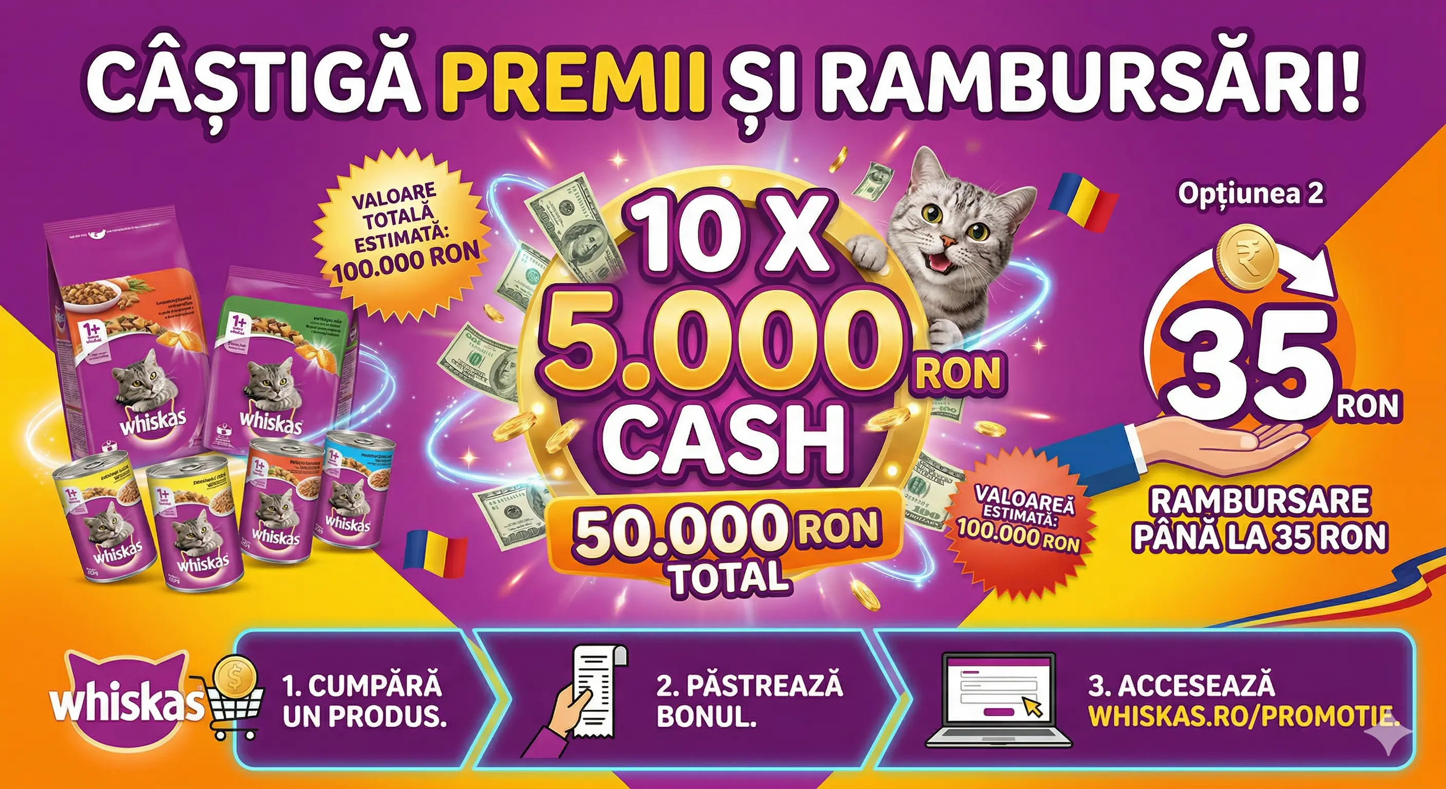 Concurs Whiskas: Câștigă 5.000 RON! Cumpără și înscrie bonul (până pe 31 Mai) - Concursier