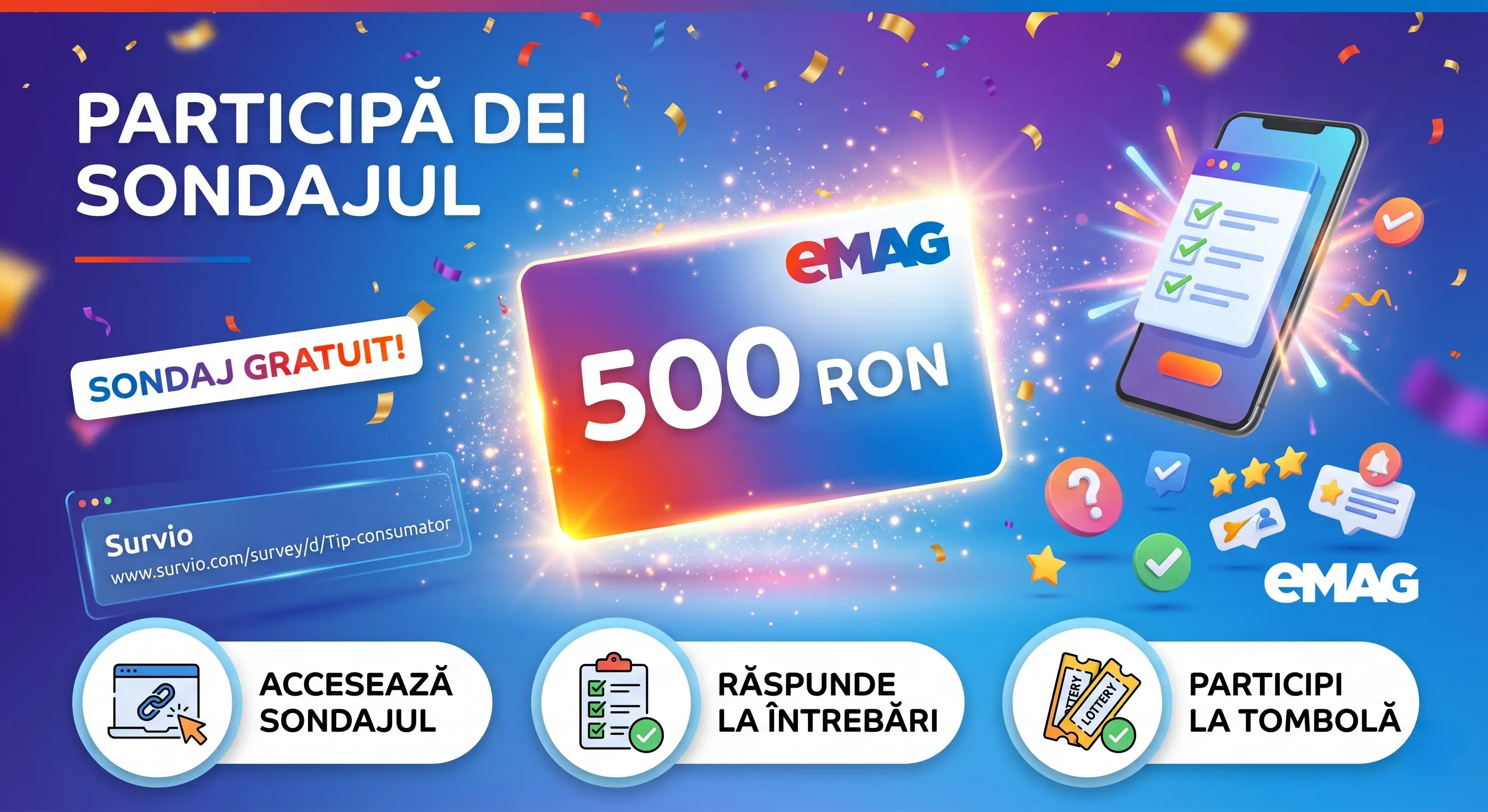 📊 Câștigă un voucher eMAG de 500 lei cu Survio! ✨ - Concurs Gratuit | Concursier