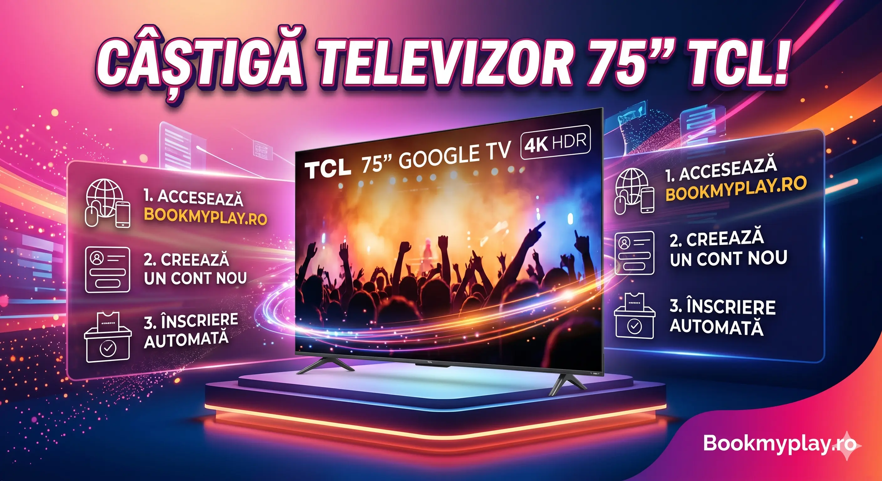 📺 Câștigă un televizor TCL de 75” cu Bookmyplay! ✨ - Concurs Gratuit | Concursier