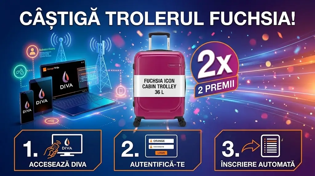 🧳 Câștigă un troller fuchsia cu DIVA și Orange TV Go! ✨ - Concurs Gratuit | Concursier