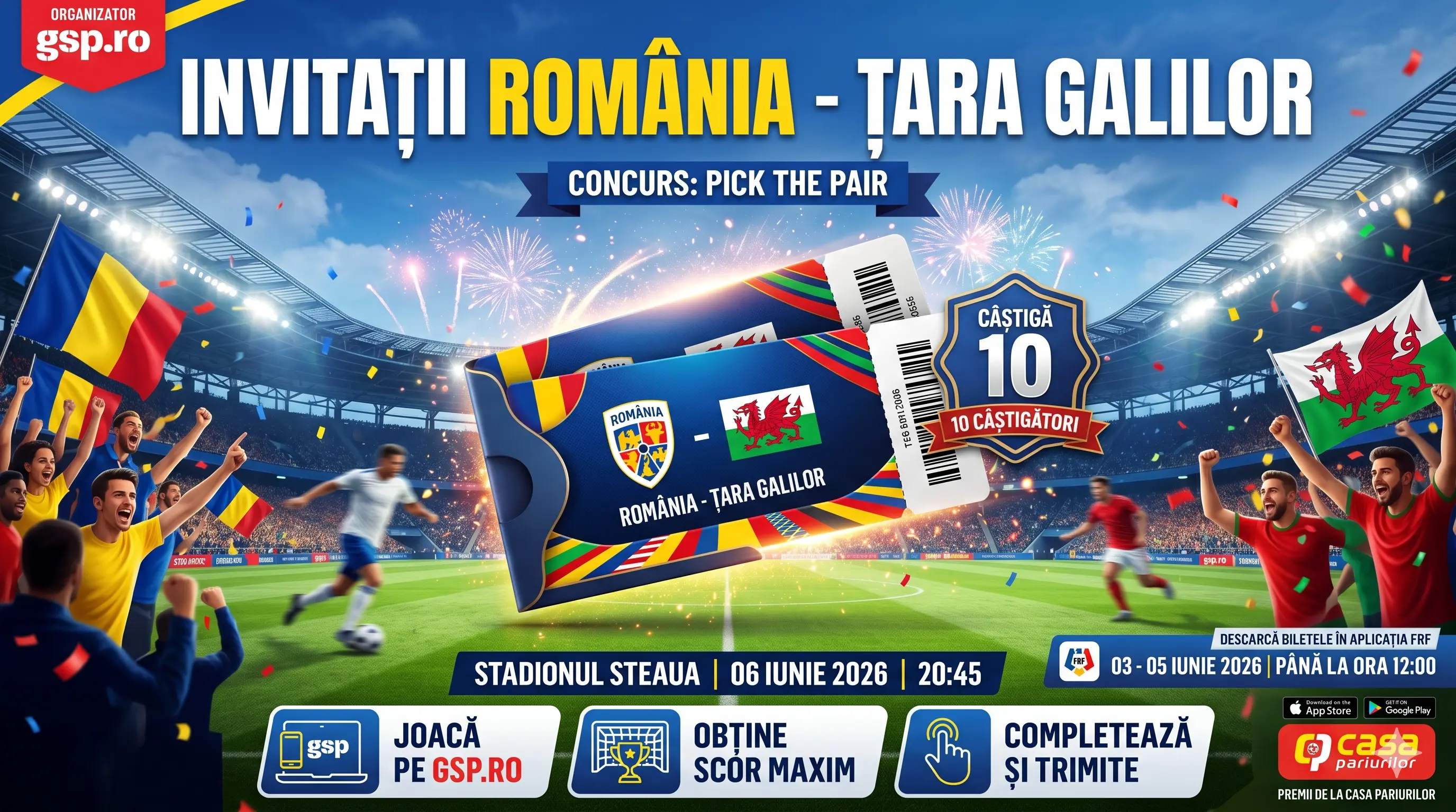 Concurs GSP: Câștigă 10 invitații duble la România - Țara Galilor (până pe 05 Iun) -...