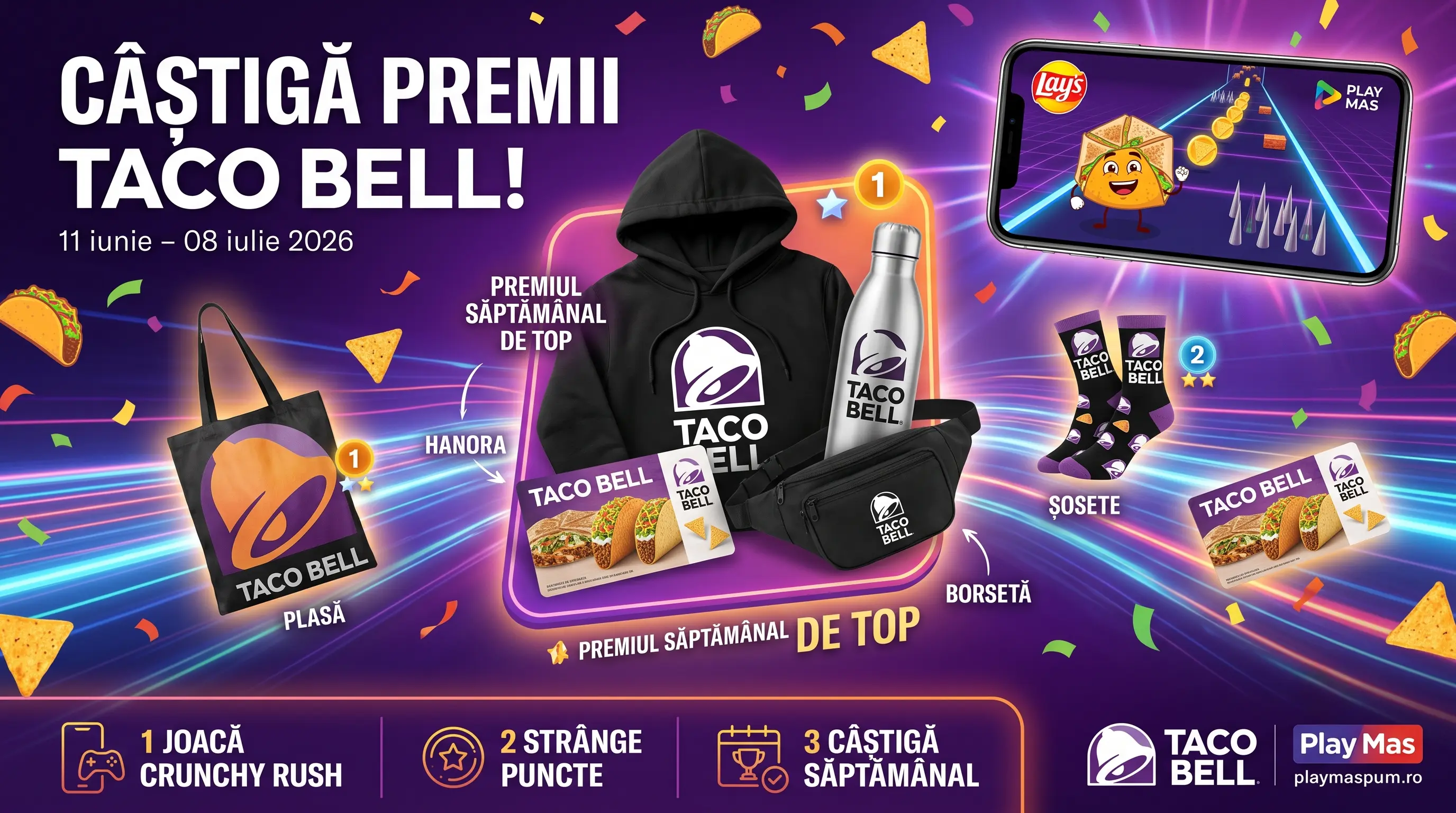 Concurs Taco Bell: Joacă Crunchy Rush și câștigă hanorac și voucher (până pe 8 iulie) -...