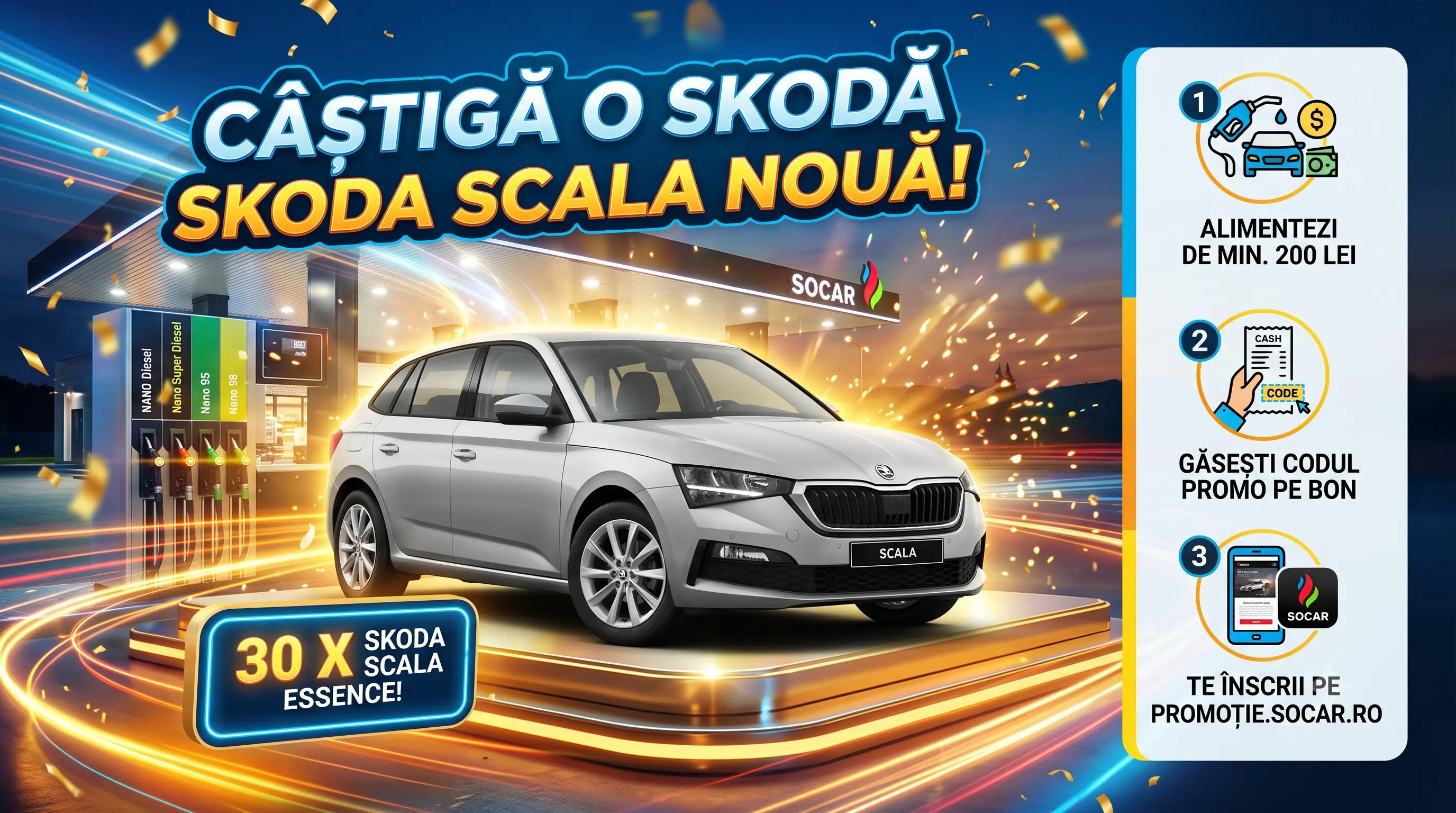 Concurs SOCAR: Cumpără carburant și câștigă o mașină Skoda Scala (până pe 13 septembrie) -...