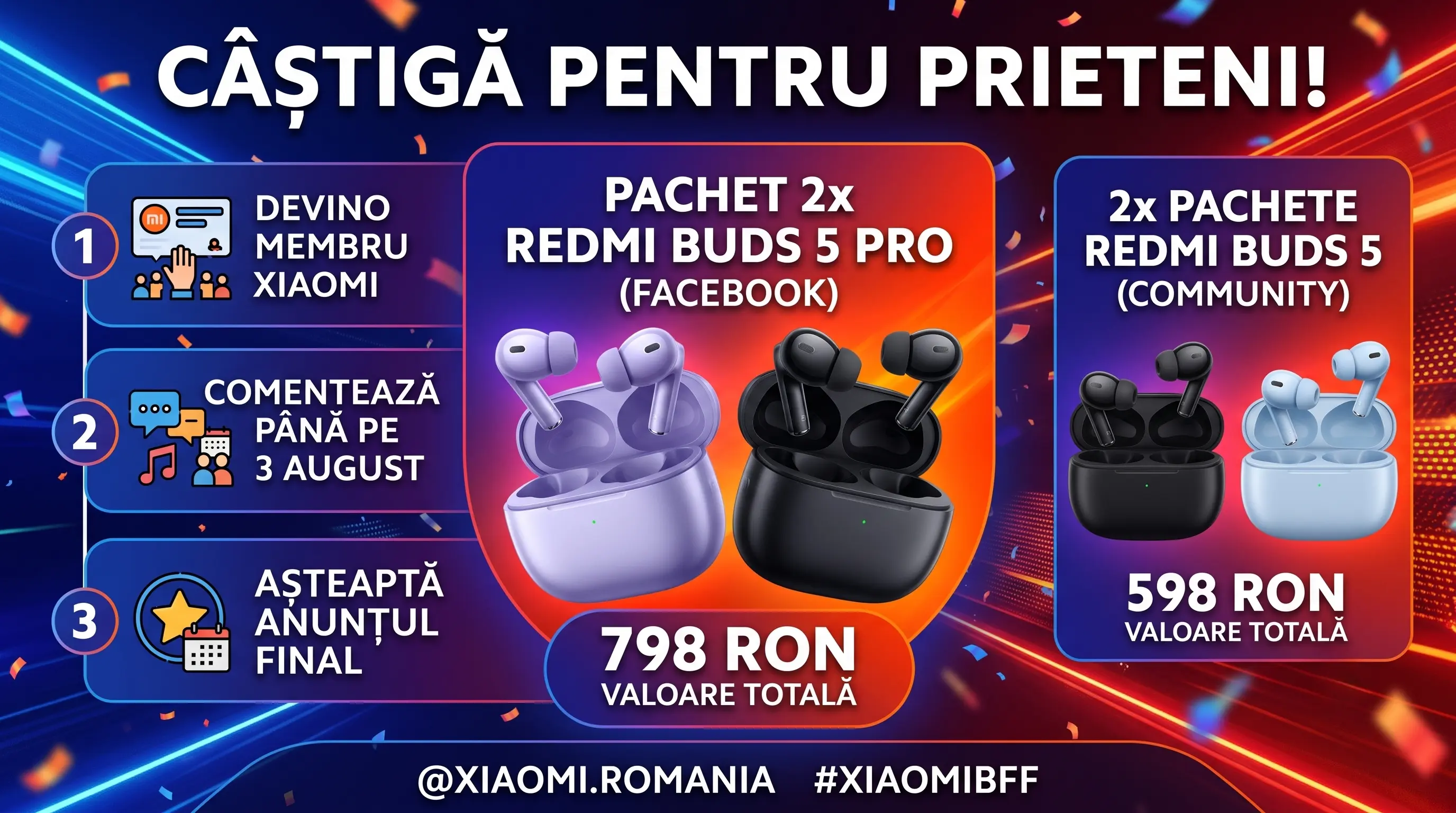 Concurs Xiaomi Romania: Câștigă Redmi Buds 5 Pro și Redmi Buds 5 (până pe 3 august) -...