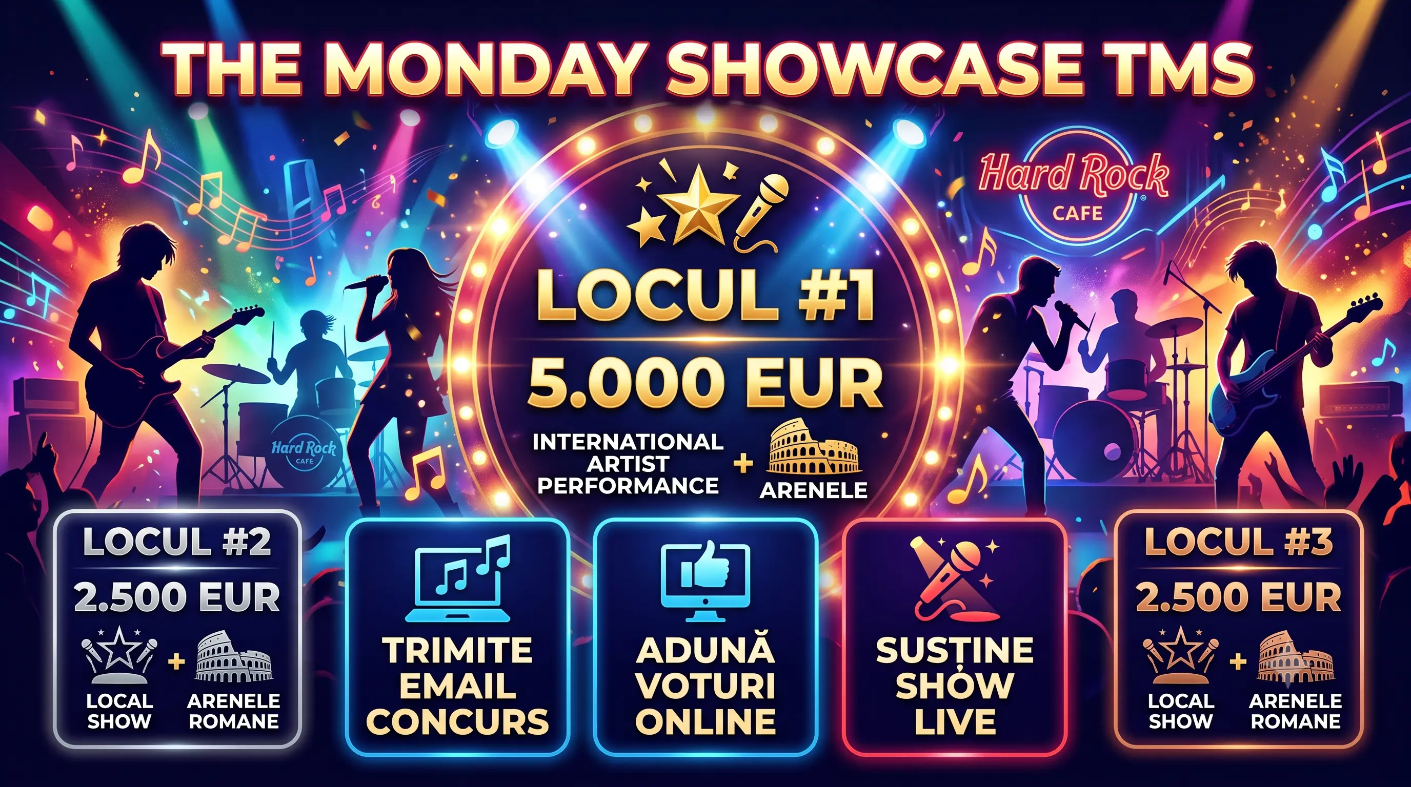 Concurs Hard Rock Cafe: Câștigă 5.000 EUR și show la Arenele Romane (până pe 29 August)