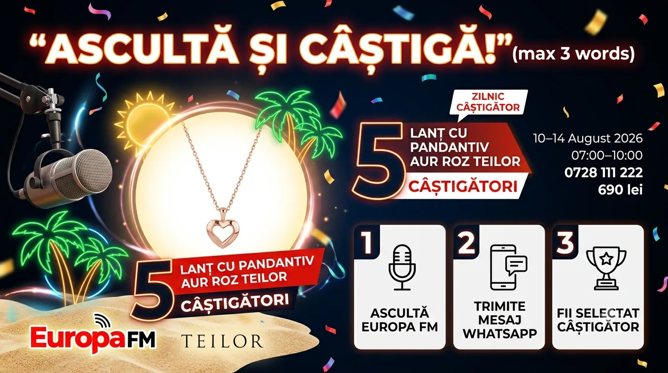 Concurs Europa FM: Câștigă Lanț cu Pandantiv de Aur Roz (până pe 14 August)