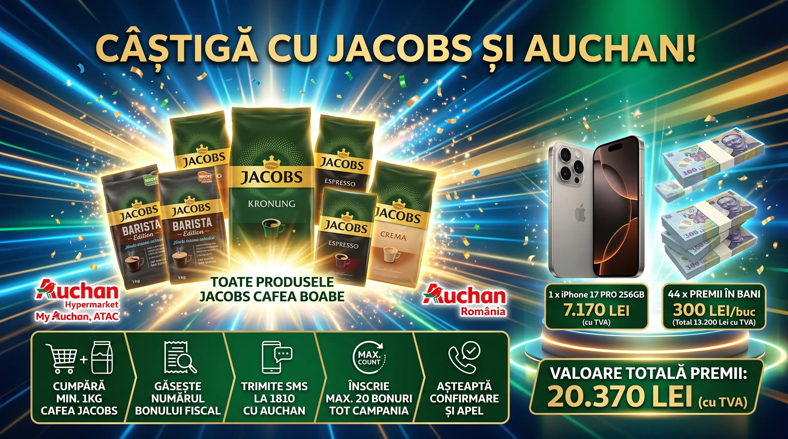 Concurs Concurs Auchan - Cumpără cafea Jacobs și câștigă iPhone 17 PRO (până pe 30...