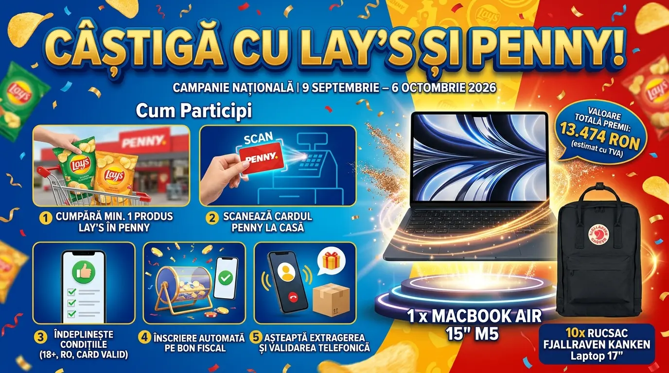 Concurs Concurs PENNY: Cumpără LAY'S și câștigă un MacBook Air 15" M5 (până pe 6 Octombrie)...