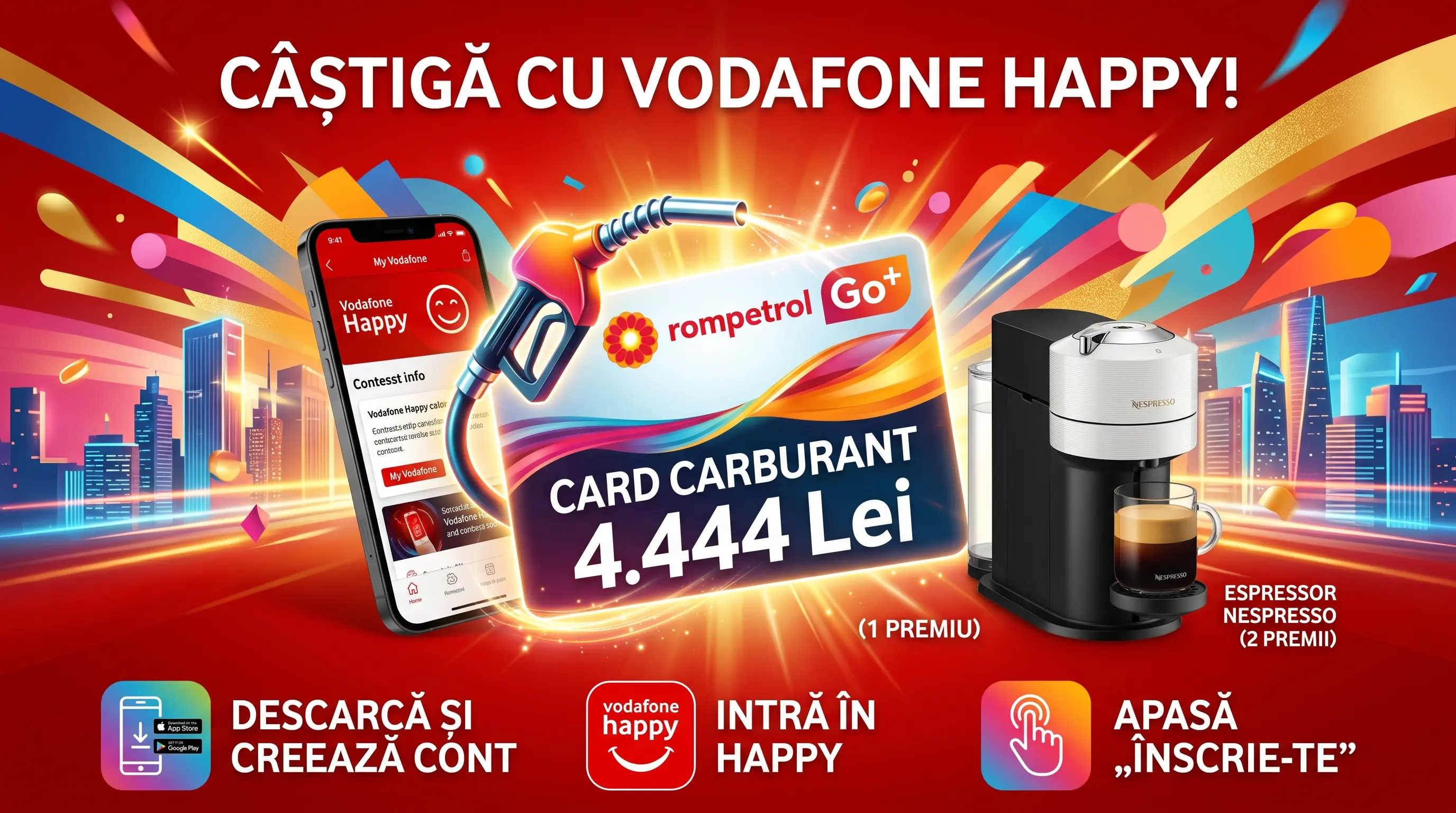 Concurs Vodafone Happy - Card carburant 4.444 lei (până pe 31 octombrie)