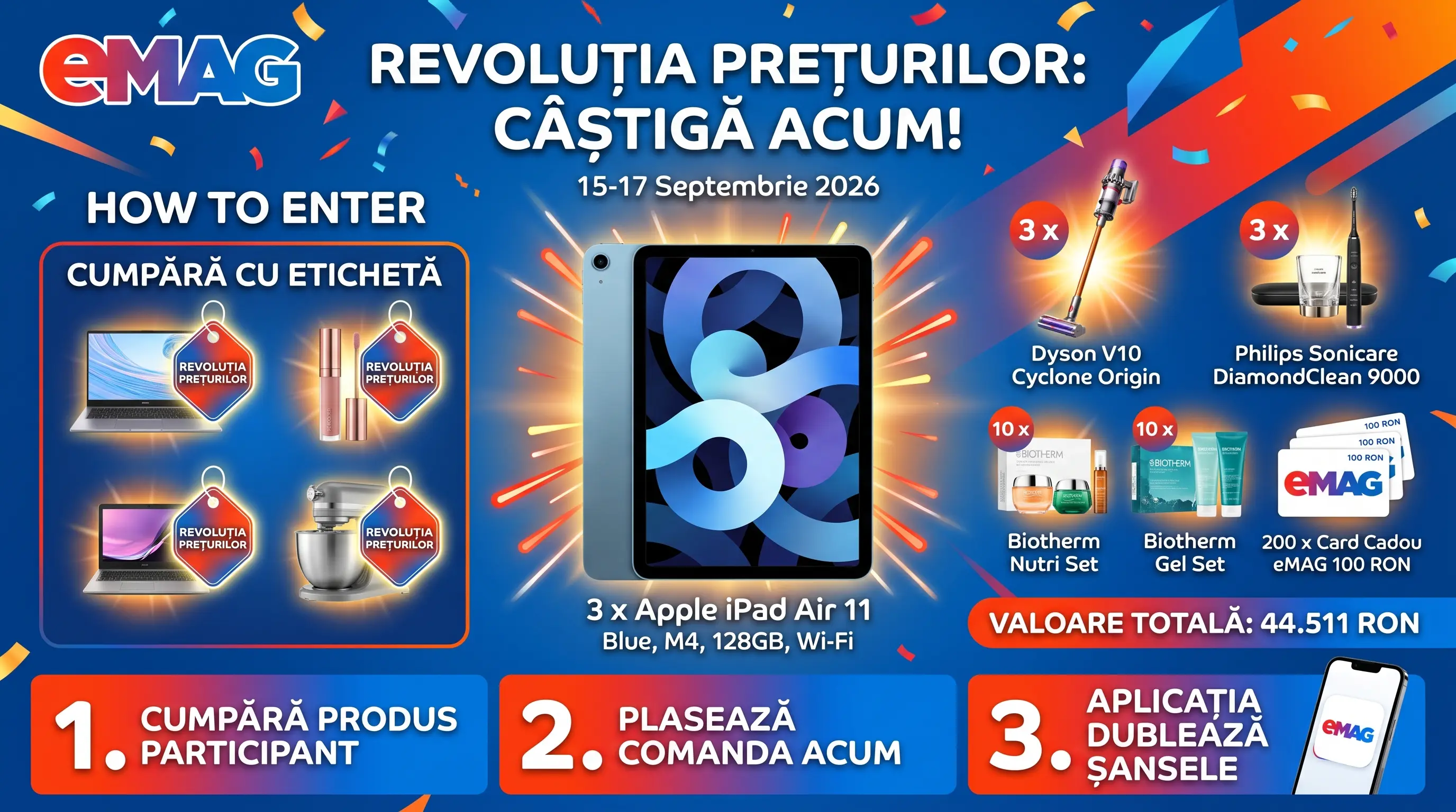 Concurs Concurs eMAG: Cumpără și câștigă iPad Air, aspirator Dyson și premii Biotherm (până...