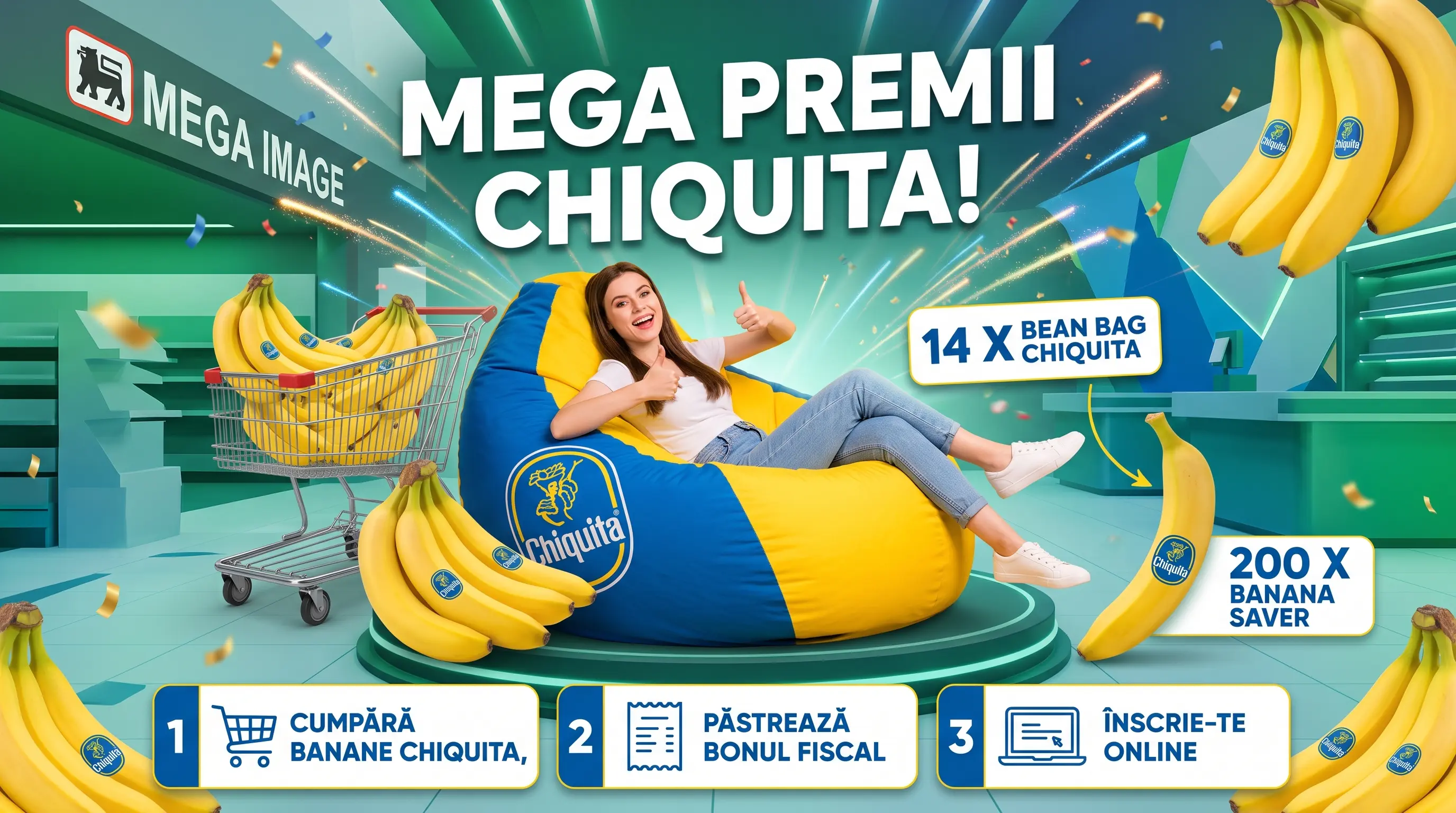 Concurs Mega Image - Cumpără banane Chiquita și câștigă Bean Bag (până pe 30 Septembrie) -...