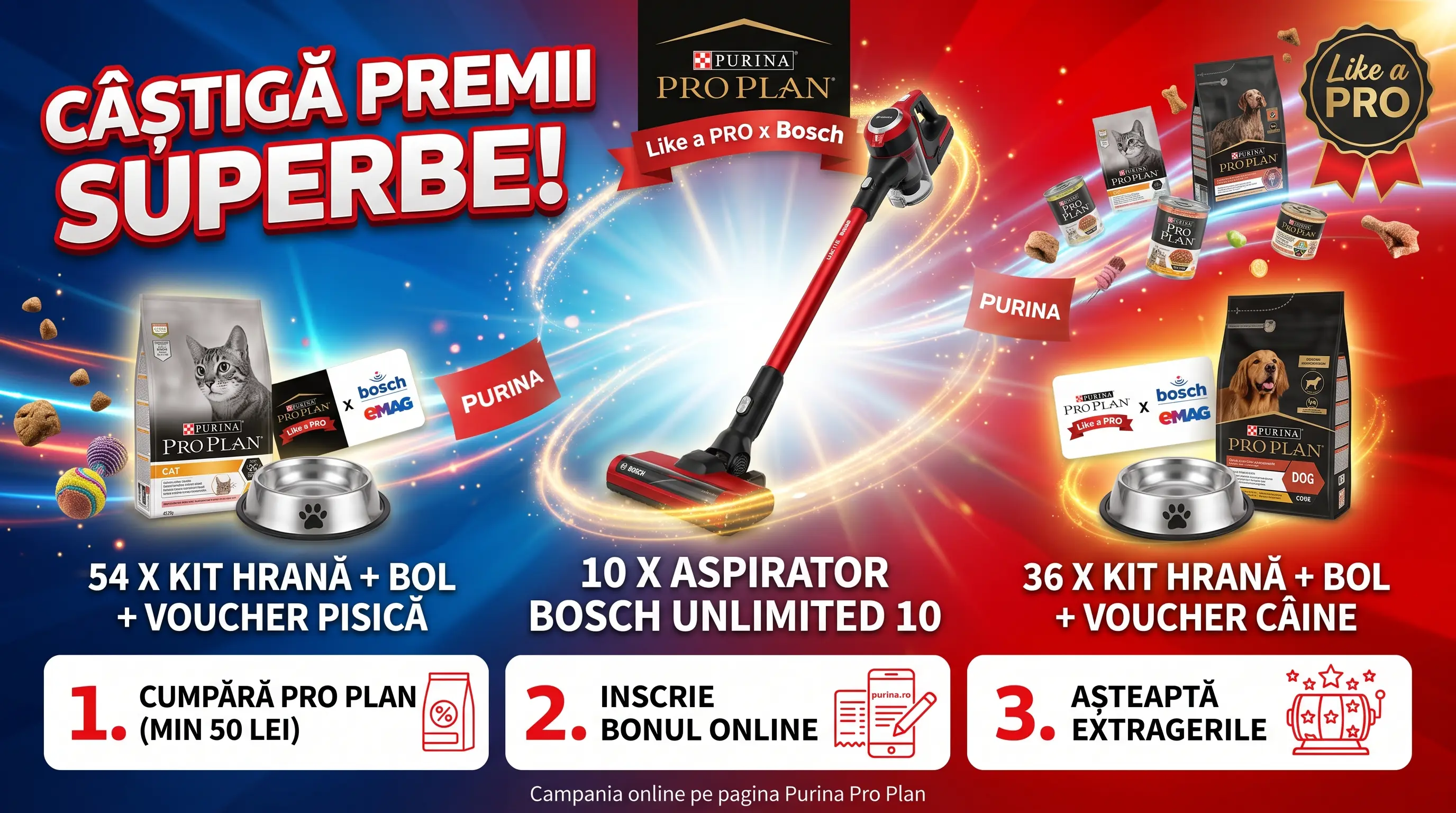 Concurs Purina Pro Plan - Câștigă aspirator Bosch și kituri de hrană (până pe 15 noiembrie)...