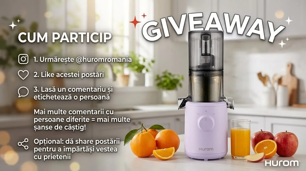 Concurs Hurom România: Câștigă un storcător Hurom H310 Lavender Pink (până pe 28 Octombrie)