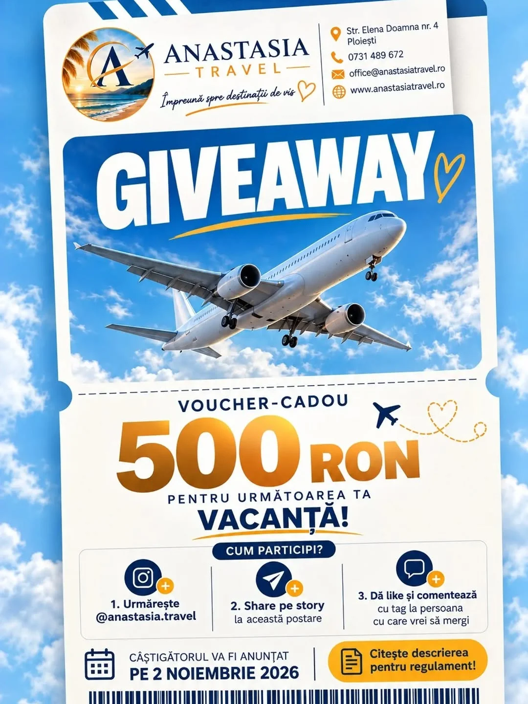 Concurs Anastasia Travel: Câștigă un voucher de vacanță de 500 lei (până pe 1 Noiembrie)