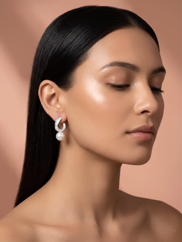 Silver Swirl Crystal and Pearl Drop Earrings - 2
