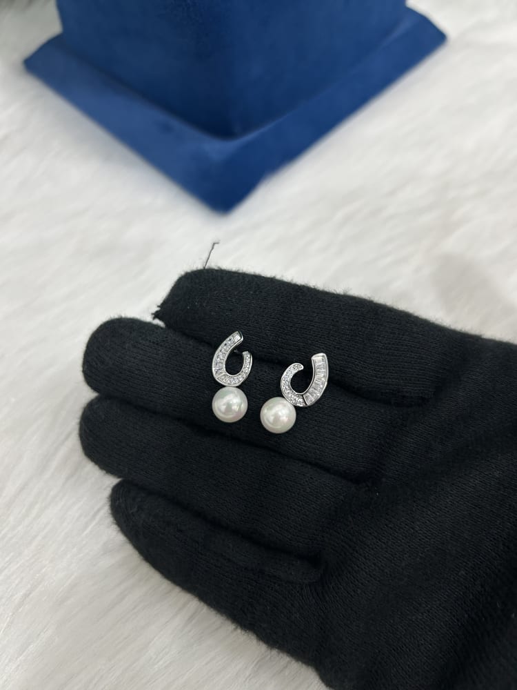 Silver Swirl Crystal and Pearl Drop Earrings - 3