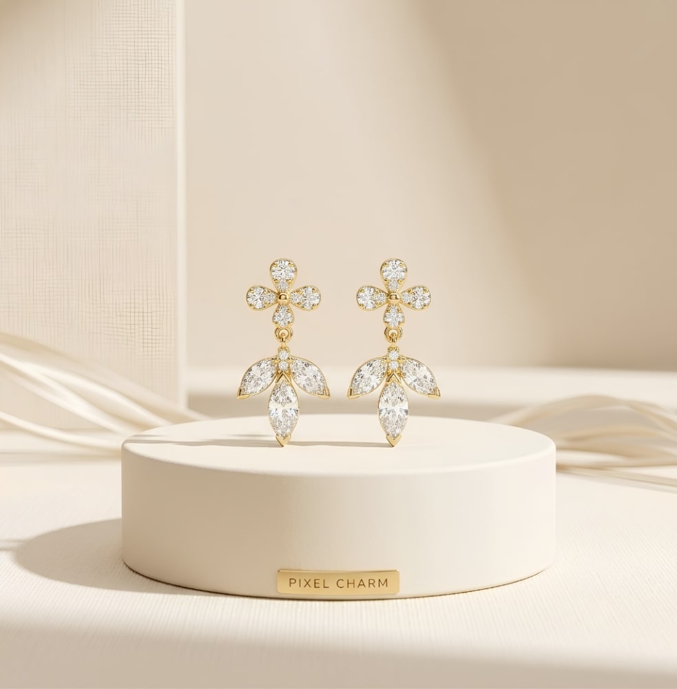 Gold Crystal Flower and Marquise Leaf Drop Earrings - 1