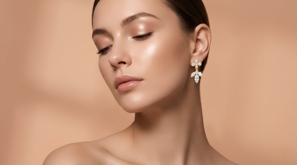 Gold Crystal Flower and Marquise Leaf Drop Earrings - 2