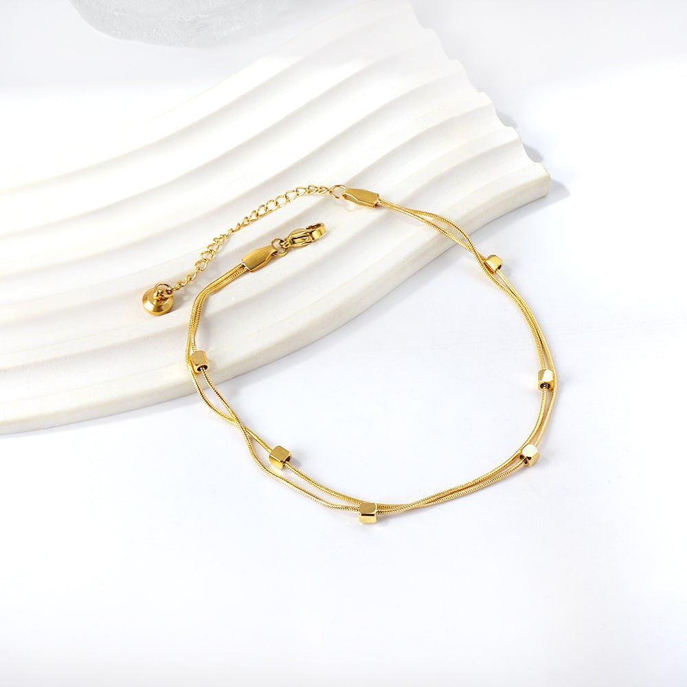 Gold Plated Stainless Steel Layered Snake Chain Cube Anklet - 1
