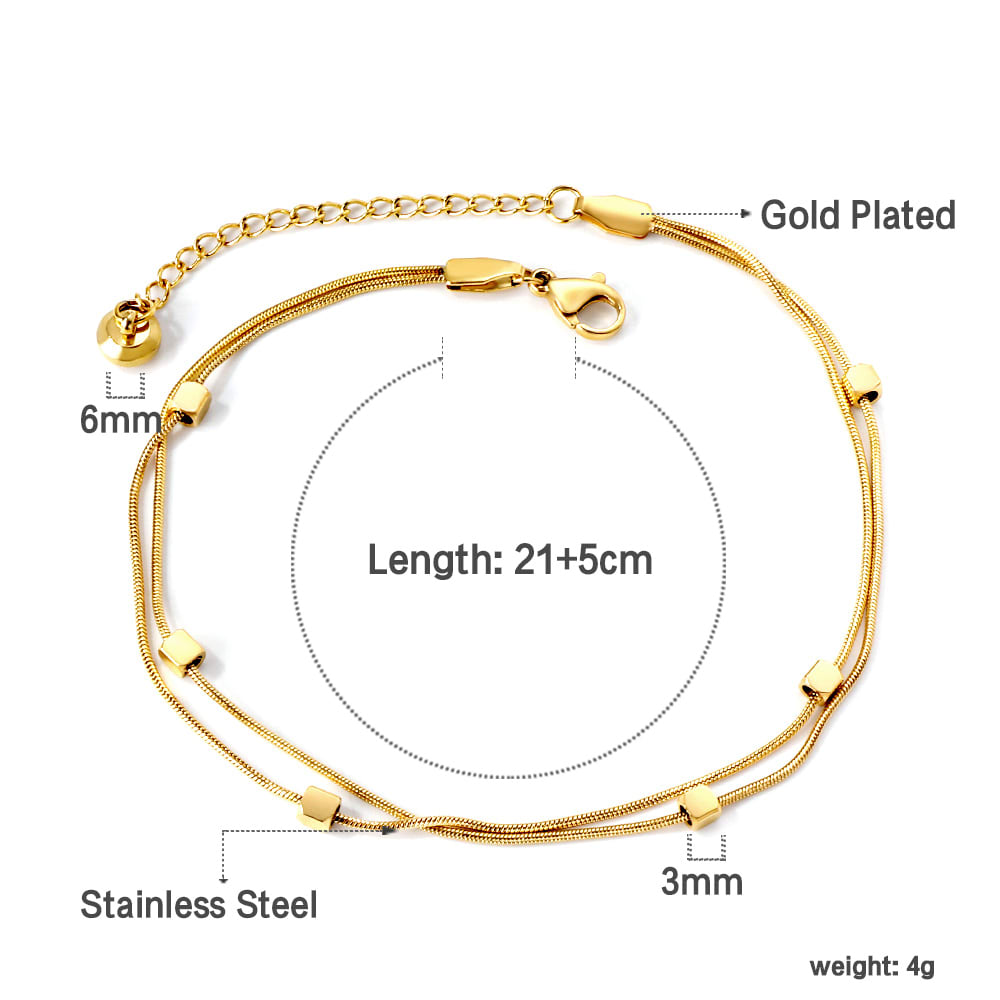 Gold Plated Stainless Steel Layered Snake Chain Cube Anklet - 4