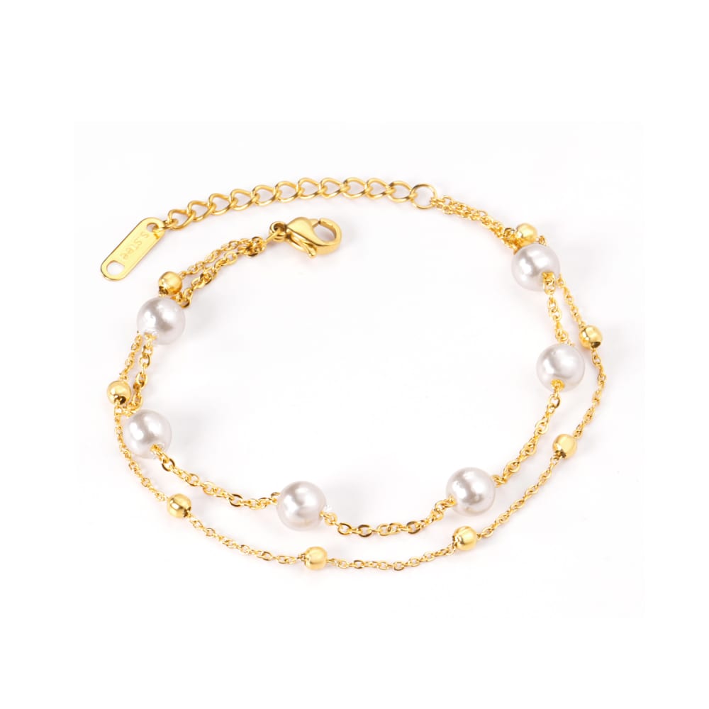 Gold Plated Stainless Steel Layered Pearl and Bead Station Bracelet - 3