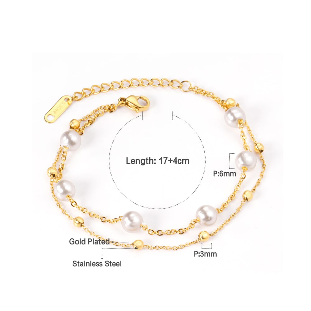 Gold Plated Stainless Steel Layered Pearl and Bead Station Bracelet - 4