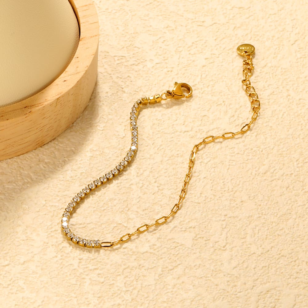 Gold Plated Half Tennis Half Paperclip Chain Bracelet - 2