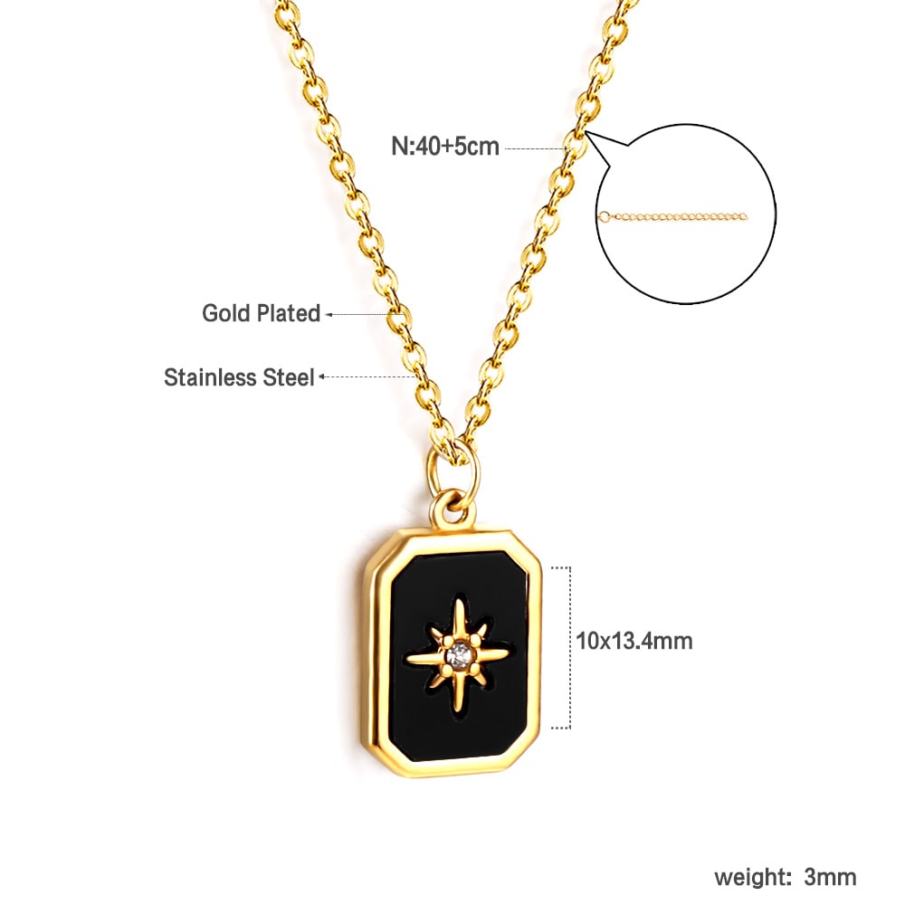 Gold Plated Black Enamel Starburst Tag Pendant Necklace - 4