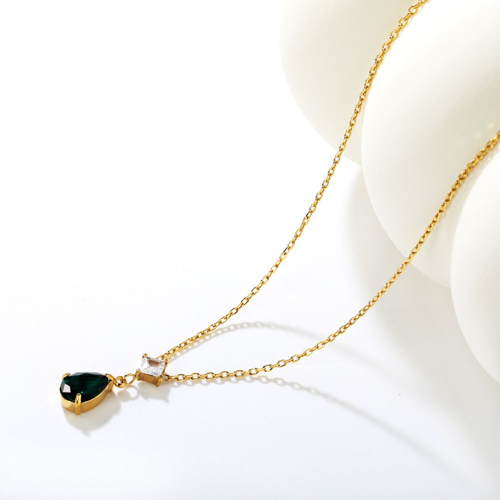 Gold Plated Emerald Green Teardrop and Square Crystal Drop Necklace - 1