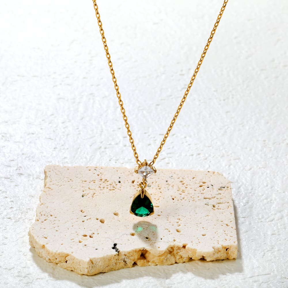 Gold Plated Emerald Green Teardrop and Square Crystal Drop Necklace - 2