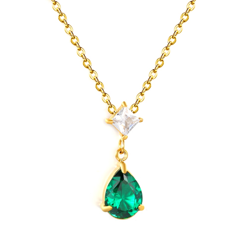 Gold Plated Emerald Green Teardrop and Square Crystal Drop Necklace - 3