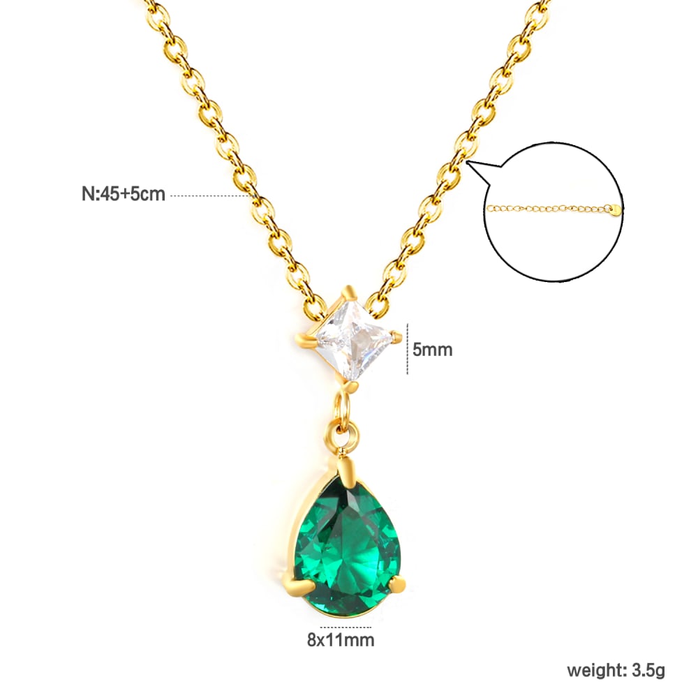 Gold Plated Emerald Green Teardrop and Square Crystal Drop Necklace - 4