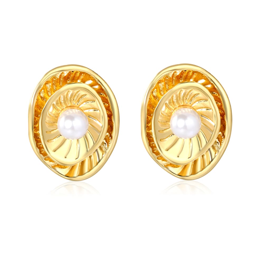 Gold Plated Vintage Textured Swirl Pearl Stud Earrings - 1