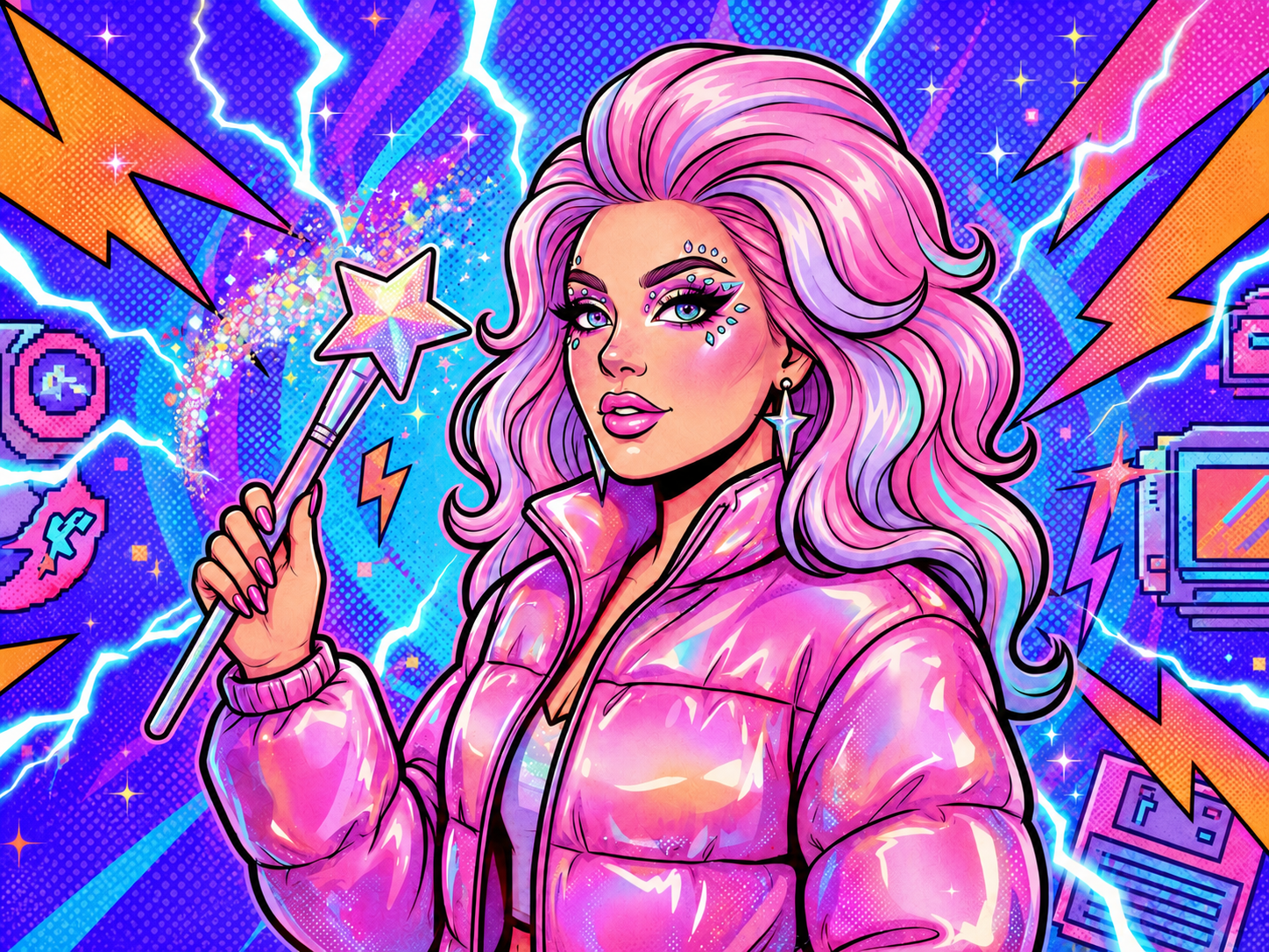 Ilustración pop de MechitaSparks con artista de cabello rosado y brocha de maquillaje