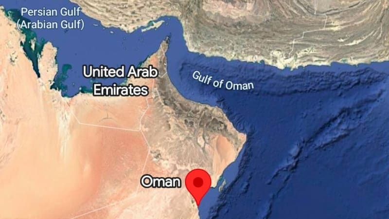 Satellite map view from Google Earth showing the Persian Gulf region, with labels for Iran, United Arab Emirates, Oman, Gulf of Oman, and Persian Gulf (Arabian Gulf), with a red pin marker located in Oman.