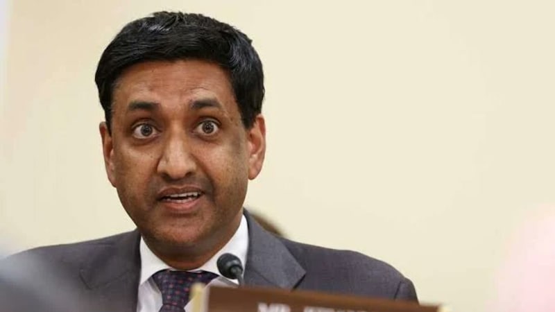 A man in a gray suit speaking at a congressional hearing, with a nameplate reading 'MR. KHANNA' visible in front of him.