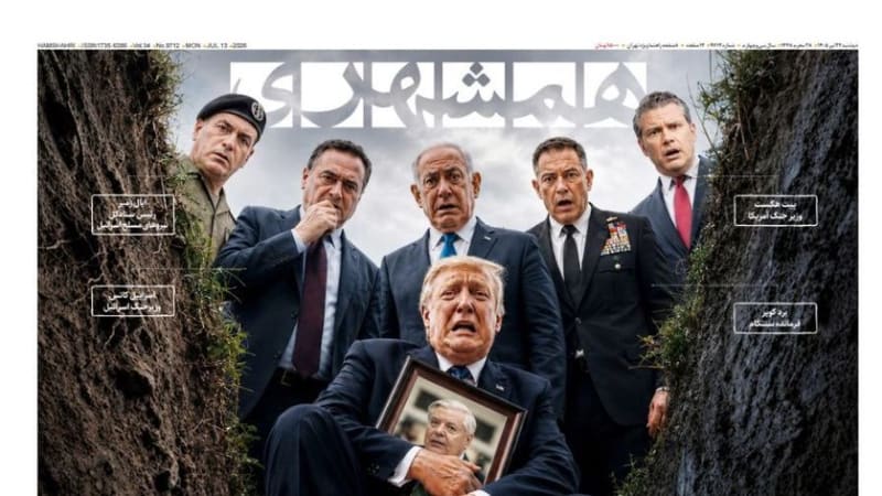 Front page of the Iranian newspaper Hamshahri featuring a provocative photomontage showing several political figures looking down into what appears to be a grave, with the headline 'Get Ready for Sudden Death' in Persian, English, and Hebrew.