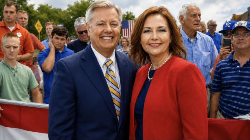 A man in a navy suit with a striped tie and a woman in a red jacket and pearl necklace pose together at an outdoor political event with American flags and supporters in the background.