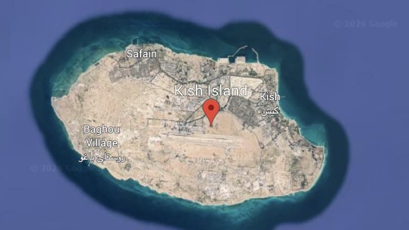 Google Maps satellite view of Kish Island in the Persian Gulf, Iran, showing labeled locations including Kish, Safain, and Baghou Village with a red map pin marking the island center.