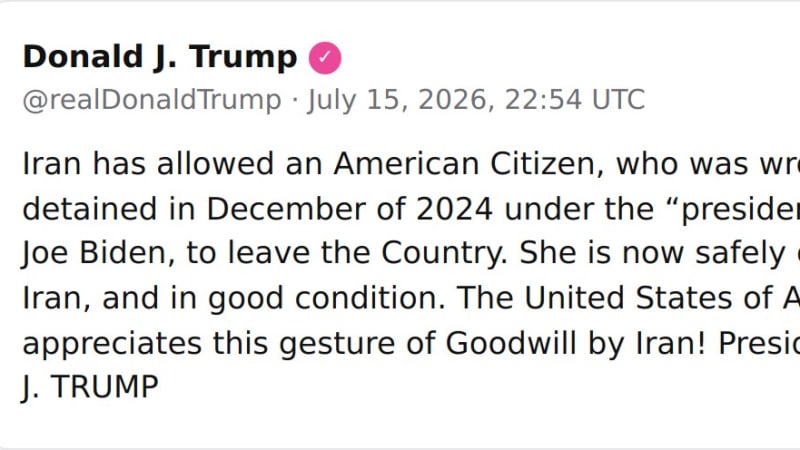 Screenshot of a social media post from Donald J. Trump's account dated July 15, 2026, announcing that Iran has allowed a wrongfully detained American citizen to leave the country.