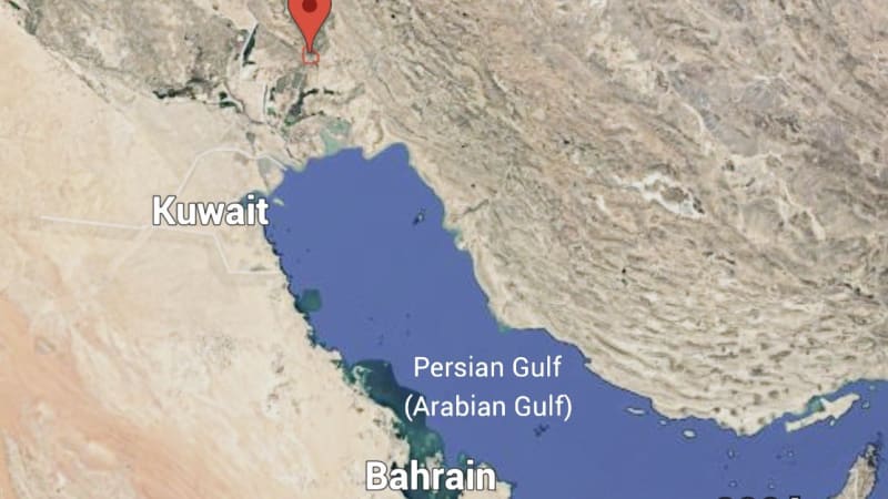Satellite map view from Google Maps showing the Middle East region with a red pin marking Ahvaz, Iran, with Baghdad, Kuwait, Bahrain, and the Persian Gulf also labeled.