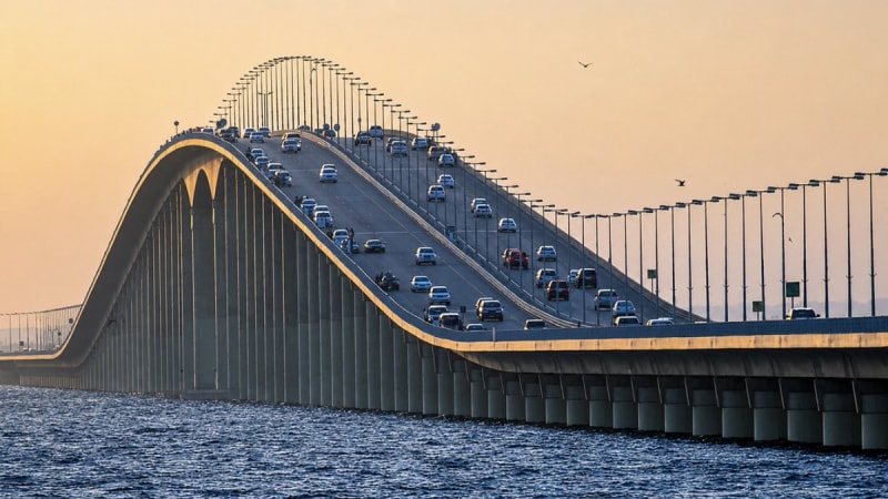 The King Fahd Causeway connecting Saudi Arabia and Bahrain, photographed at sunset with heavy traffic crossing the distinctive wave-shaped bridge over the Persian Gulf.