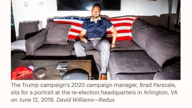 Screenshot of a TIME magazine article titled 'Trump's Ex-Campaign Manager Is Running An Israeli Influence Operation Targeting the MAGA Base,' featuring a photo of Brad Parscale sitting on a couch with American flag pillows at the re-election headquarters in Arlington, VA.